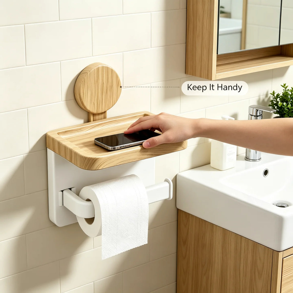 No Drill Wall Suction Cup Toilet Paper Holder Wood‑Look Tray Bathroom Tissue Holder with Phone Shelf
