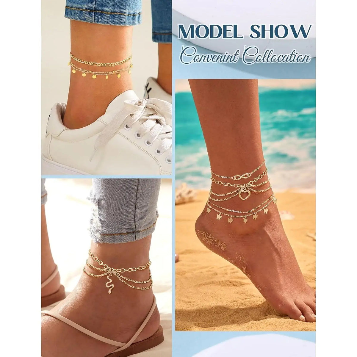 Toe Rings and Ankle Bracelets for Women. Gold Plated Cute Layered Anklets. Open Tail Ring. Adjustable Foot Jewelry