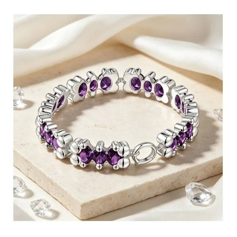 Women Silver Plated Flower Link Bracelet with Purple Crystal Fashion Jewelry