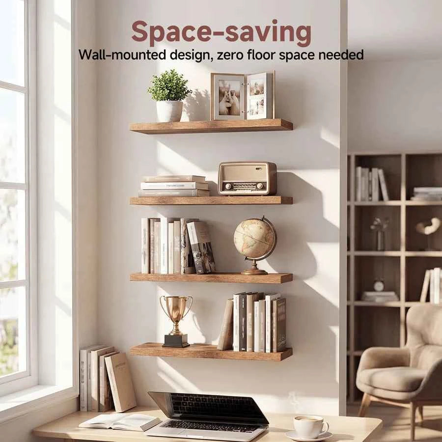 Rustic Brown Farmhouse Floating Wall Mounted Shelves. 4 Pack 15.8 Inch  Shelves. Set With Invisible Brackets for Heavy Duty Storage.