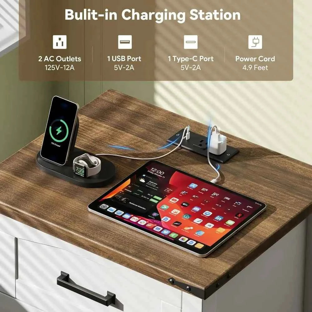 Farmhouse Nightstand Set of 2 with Charging Station,  Wood Bedside Table, Customized