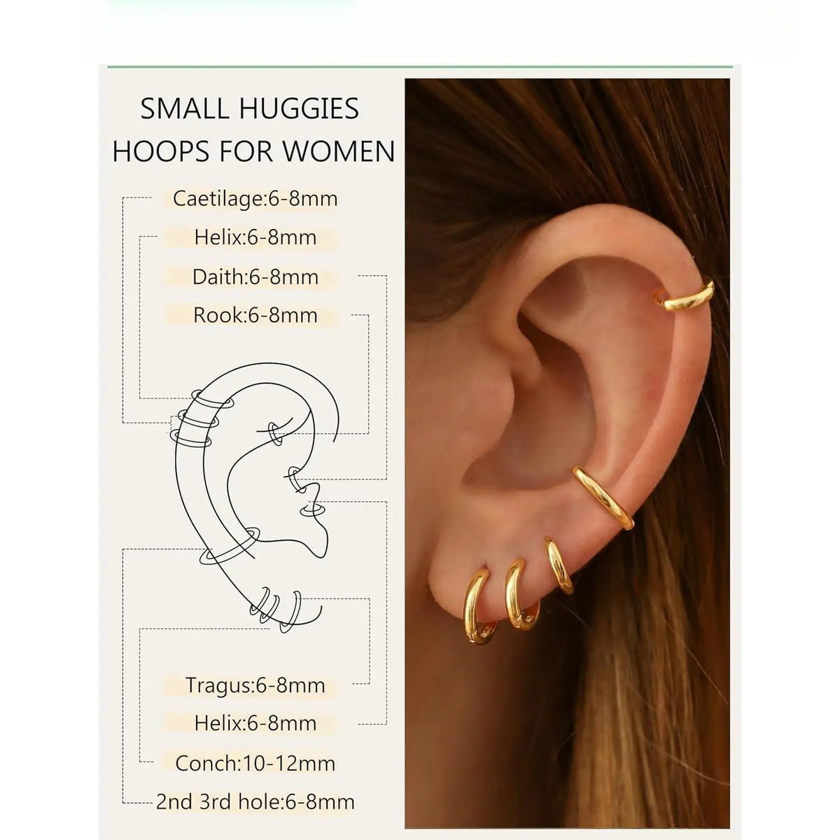 5Pairs Small Hoop Earrings Set for Women, 14K Gold Plated Lightweight Tiny Huggie Hoops, Mini Cartilage Earrings Pack. Hypoallergenic Ear Piercing, Earring Stacking Set