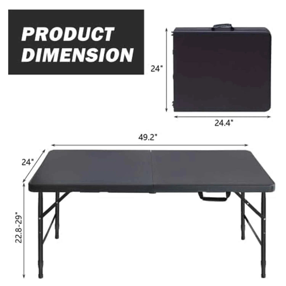 Folding Table 4ft Height, Adjustable Heavy-Duty Plastic 300lb Steel Frame, Portable Table with Carry Handle, Anti-Slip Feet, Waterproof & Easy to Clean,300LBS Weight Capacity for Indoor & Outdoor