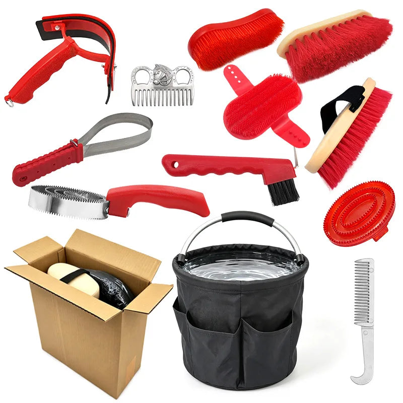 12Pcs Horse Grooming Kit Horse Care; Brushes & Combs Set with Foldable Storage Bucket. Equestrian Horse Cleaning Tools
