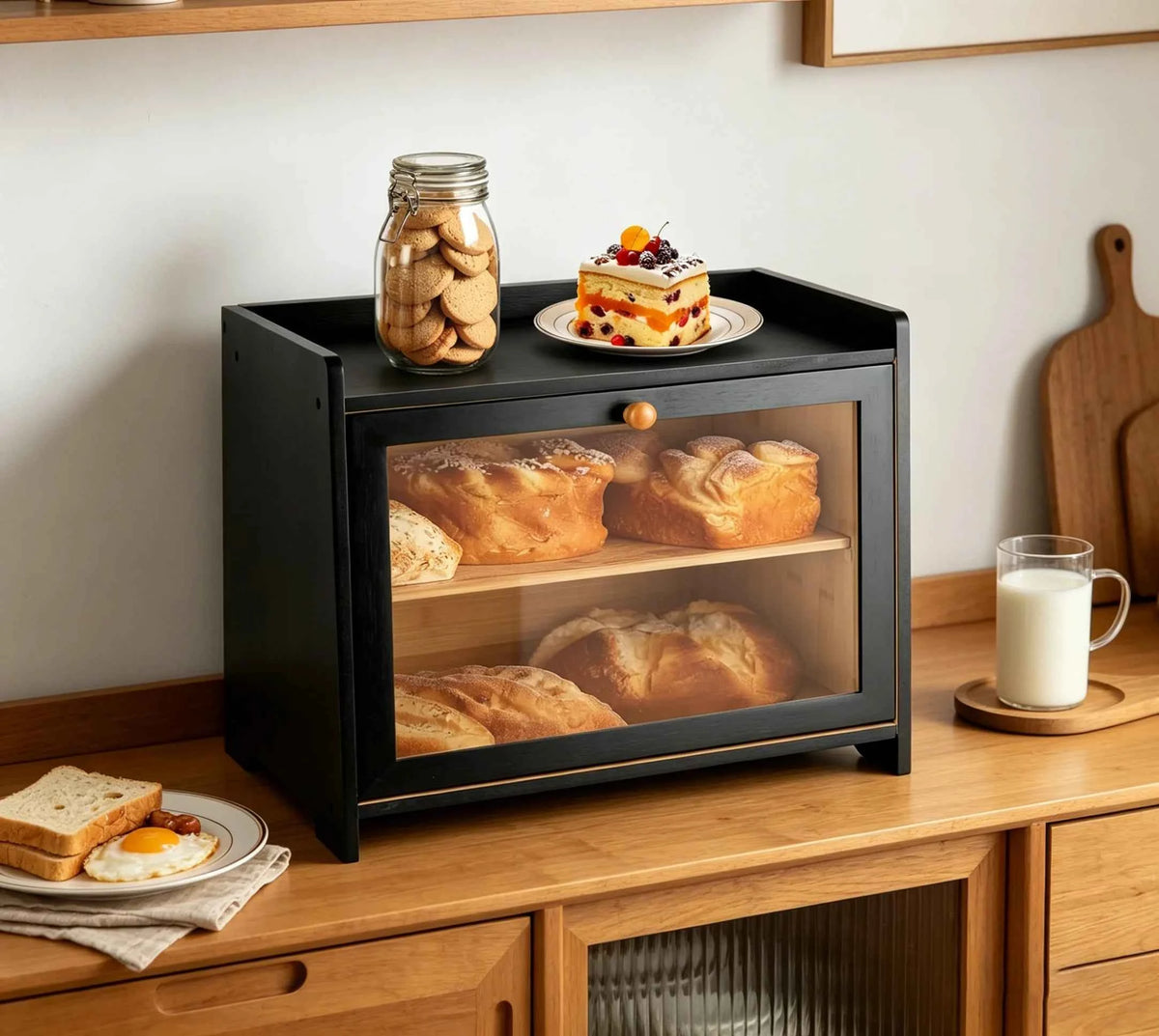 2 Layer Large Capacity Bamboo Bread Box with Tempered Glass Window, Farmhouse Kitchen Countertop Storage Container .