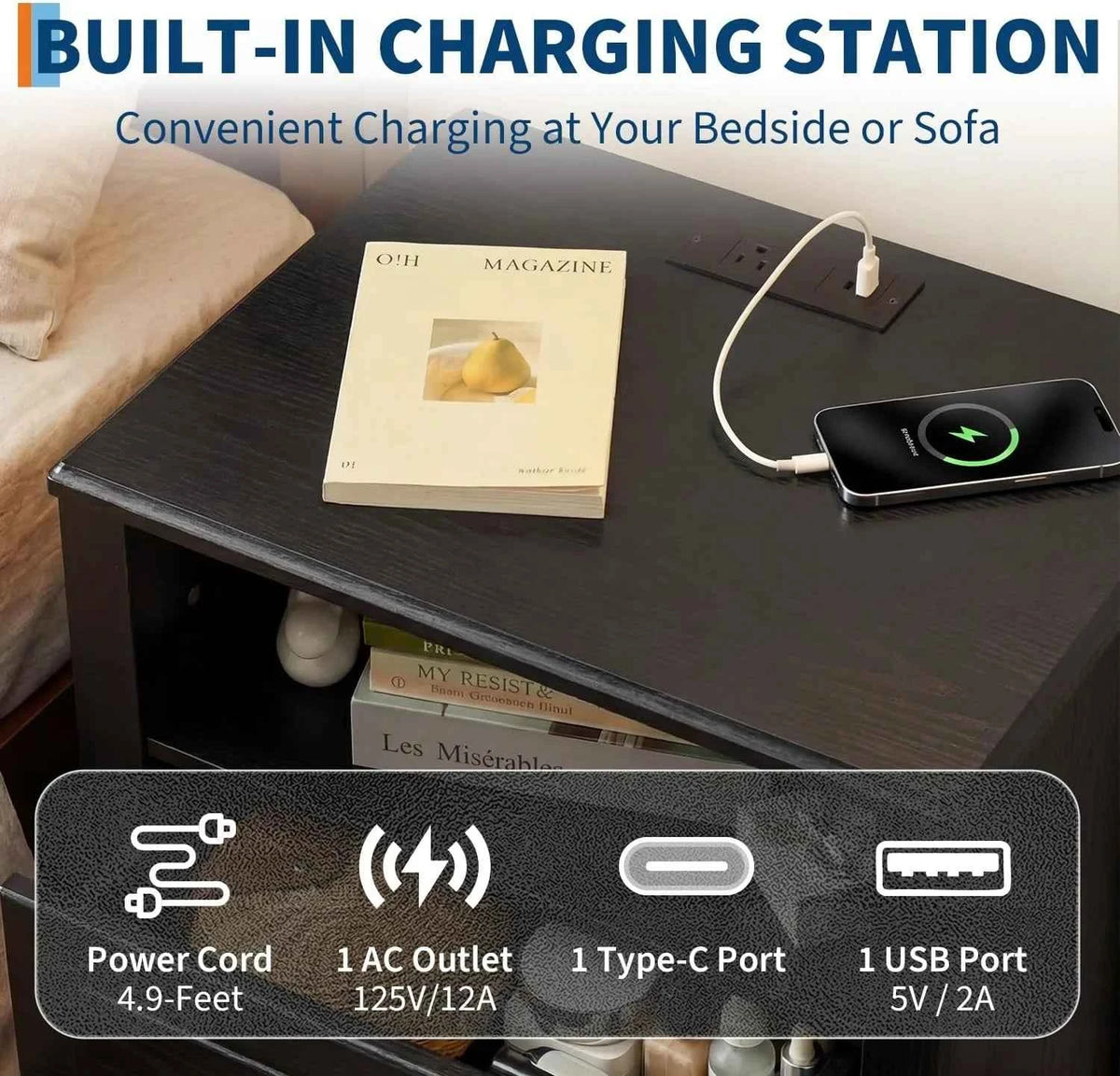 Nightstand with Charging Station, 2 Drawers and Open Shelf. With USB Type C Port & AC Outlet. Farmhouse Storage Cabinet.  Black