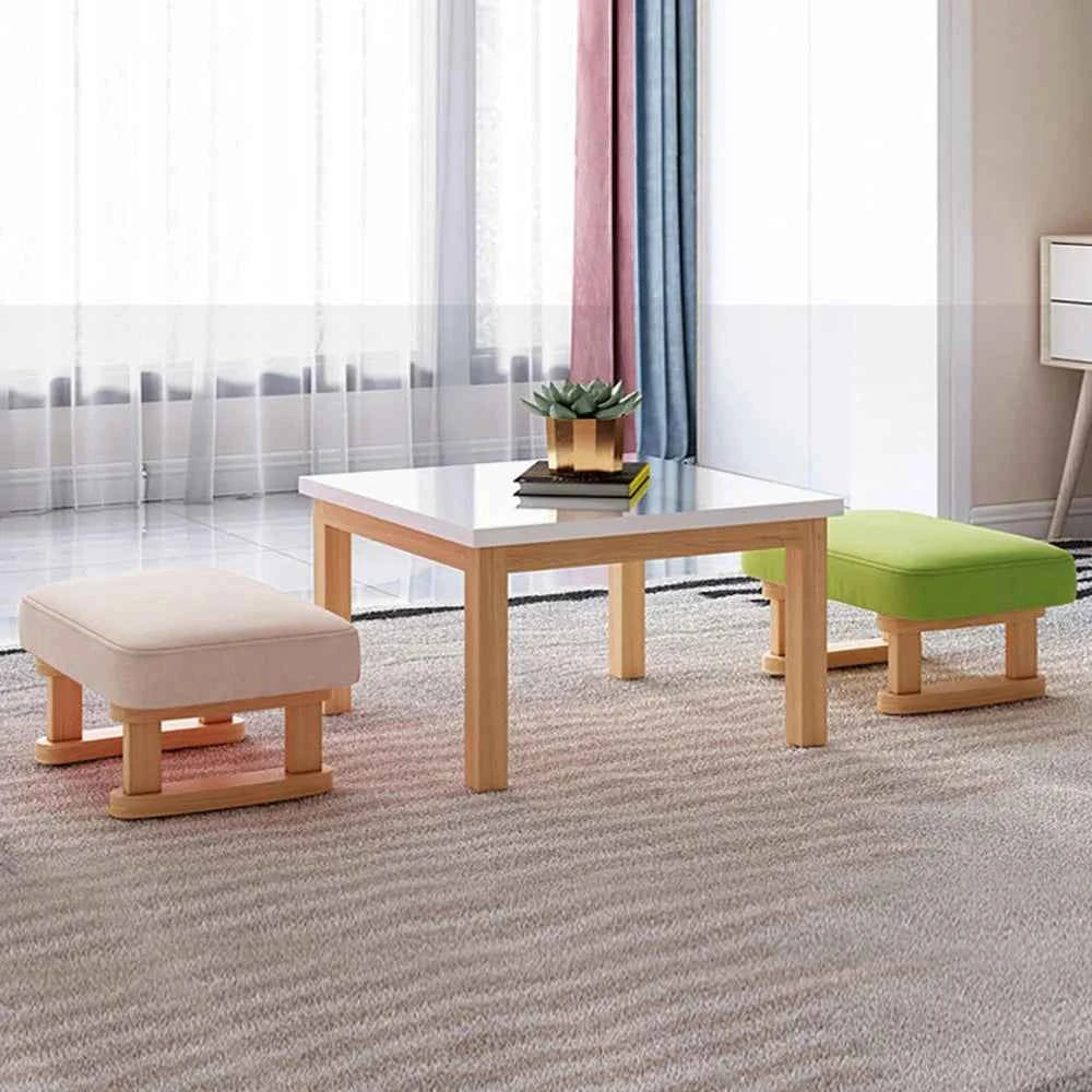 Solid Wood Rocking Footstool with Linen Upholstered Padded Ottoman. Portable.  Small Shoe Changing Bench. Low Foot Rest Stool.