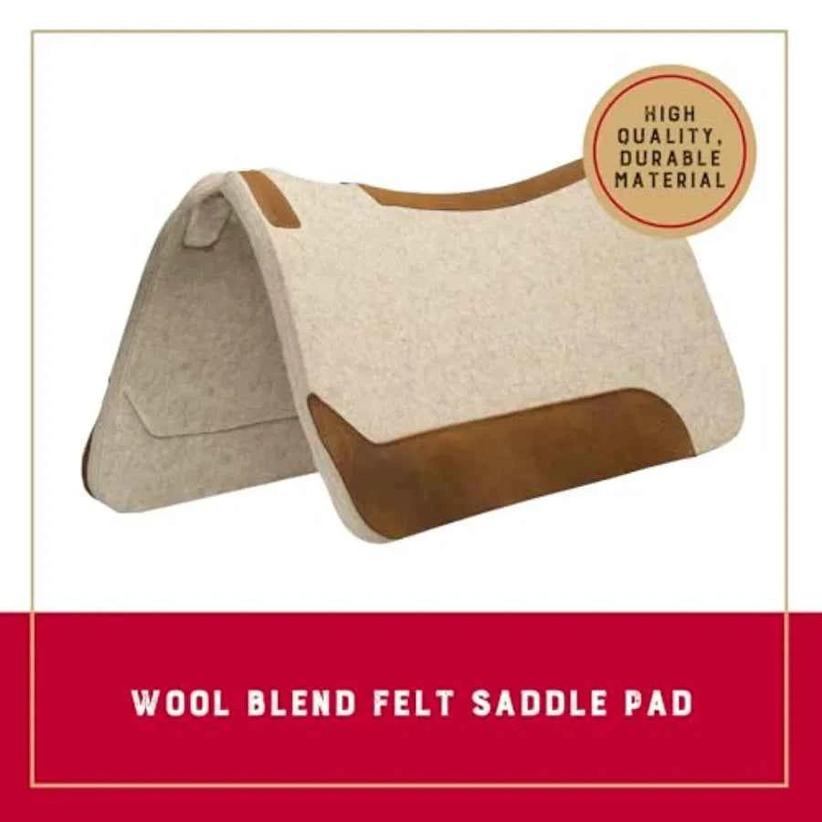 Western saddle pad for horse protection. Contoured wool blend felt, tan, shock absorbing and durable.