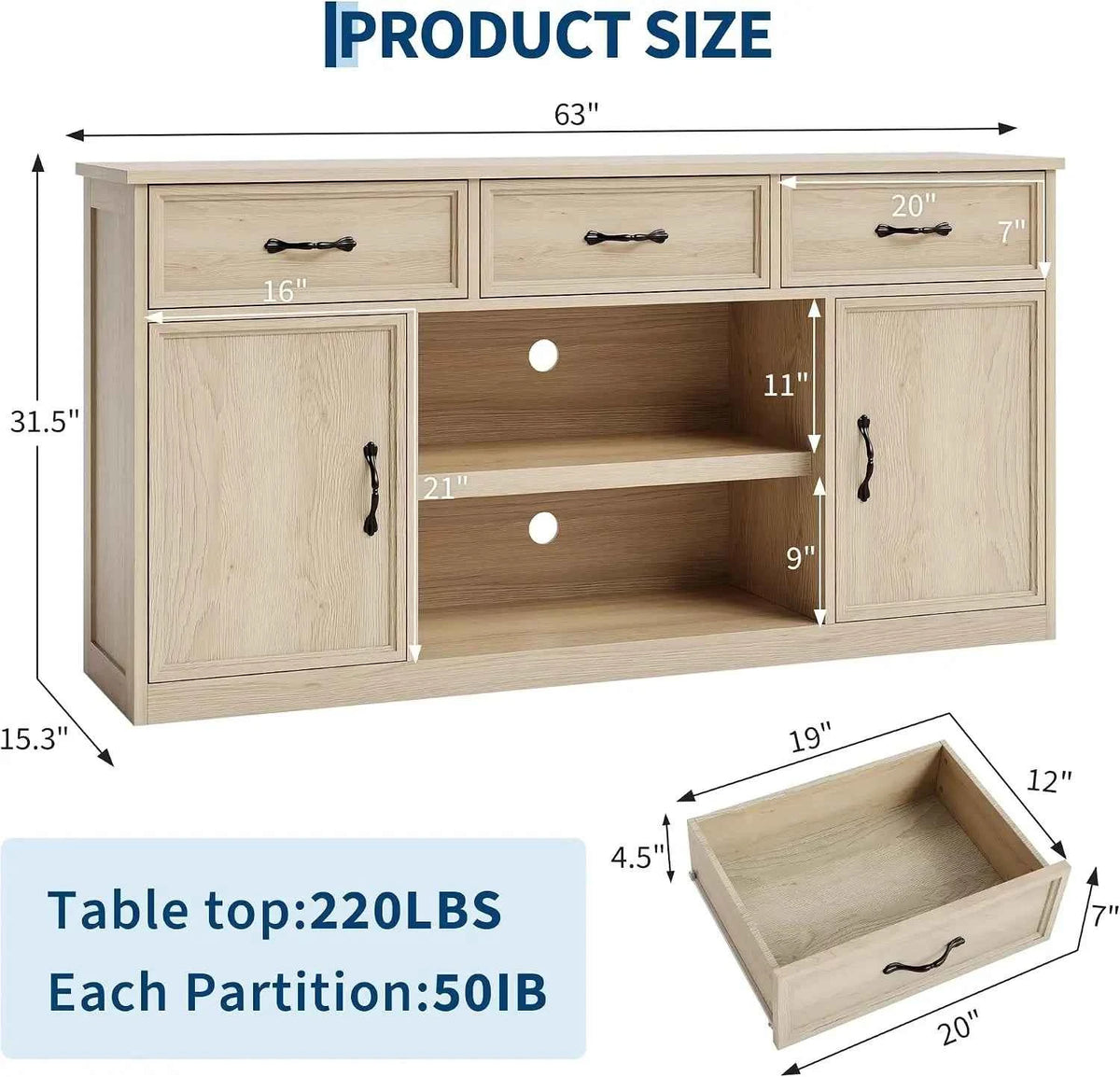 TV Stand For 65 Inch TV.  Farmhouse Television Cabinet With 3 Drawers,  2 Doors with Adjustable Shelves. Storage And Open Shelves. Wooden TV Console Media Cabinet