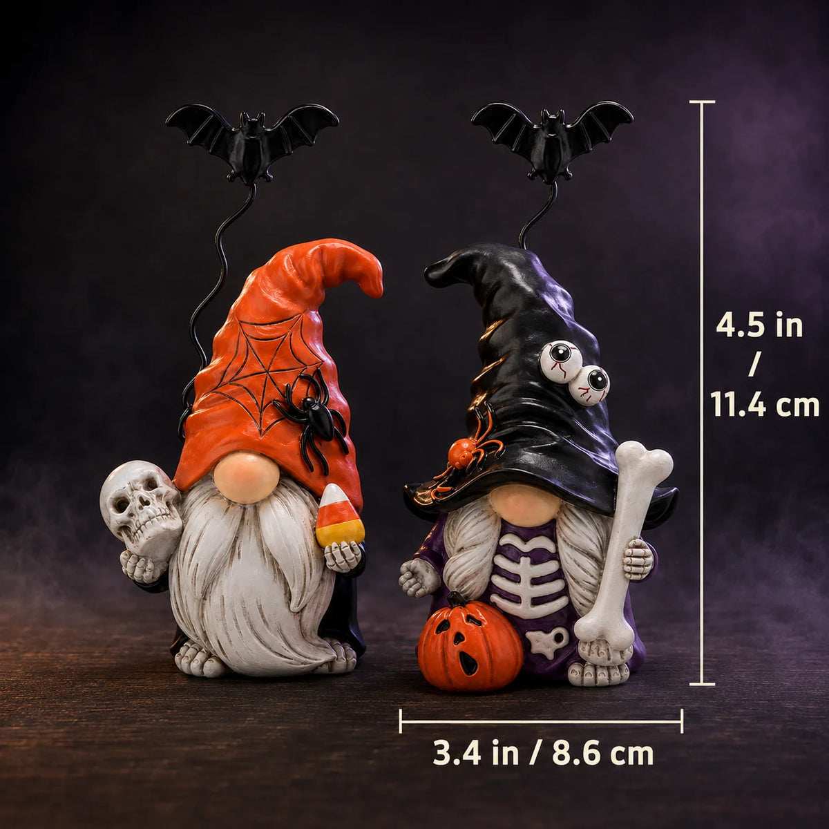 Hodao Resin Halloween Gnome Figurine Set, 2-Piece Pumpkin and Witch Gnome Decor with Spring-Loaded Flying Bat Topper, Skeleton Chest, Skull, Pumpkin and Candy Corn Details, Cute Creepy Hand-Painted Tabletop Ornament