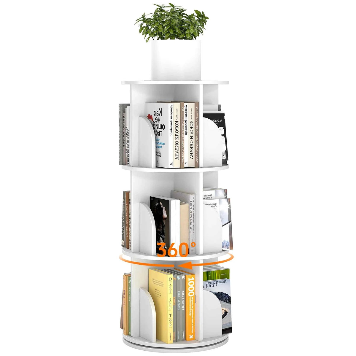Rotating 3-Tier Bookshelf, 360° Spinning Corner Bookcase with Lazy Susan, White.  Space Saving Organizer. Adults & Kids, 15.75" Diameter