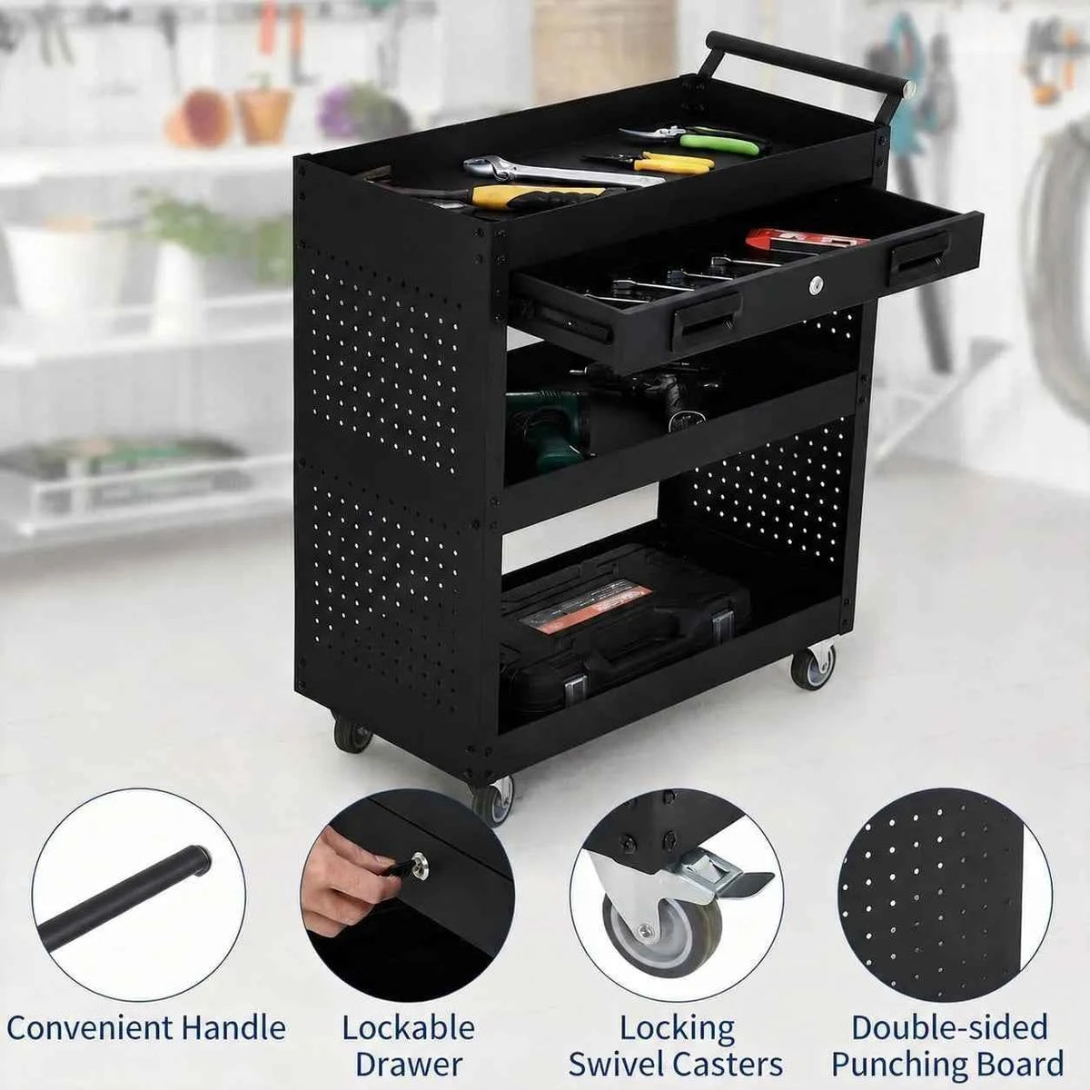 27 Inch Rolling Tool Cart, 3 Tier Steel Utility Cabinet with Drawer, Mobile Storage Organizer with Locking Casters for Garage Workshop Office, Black