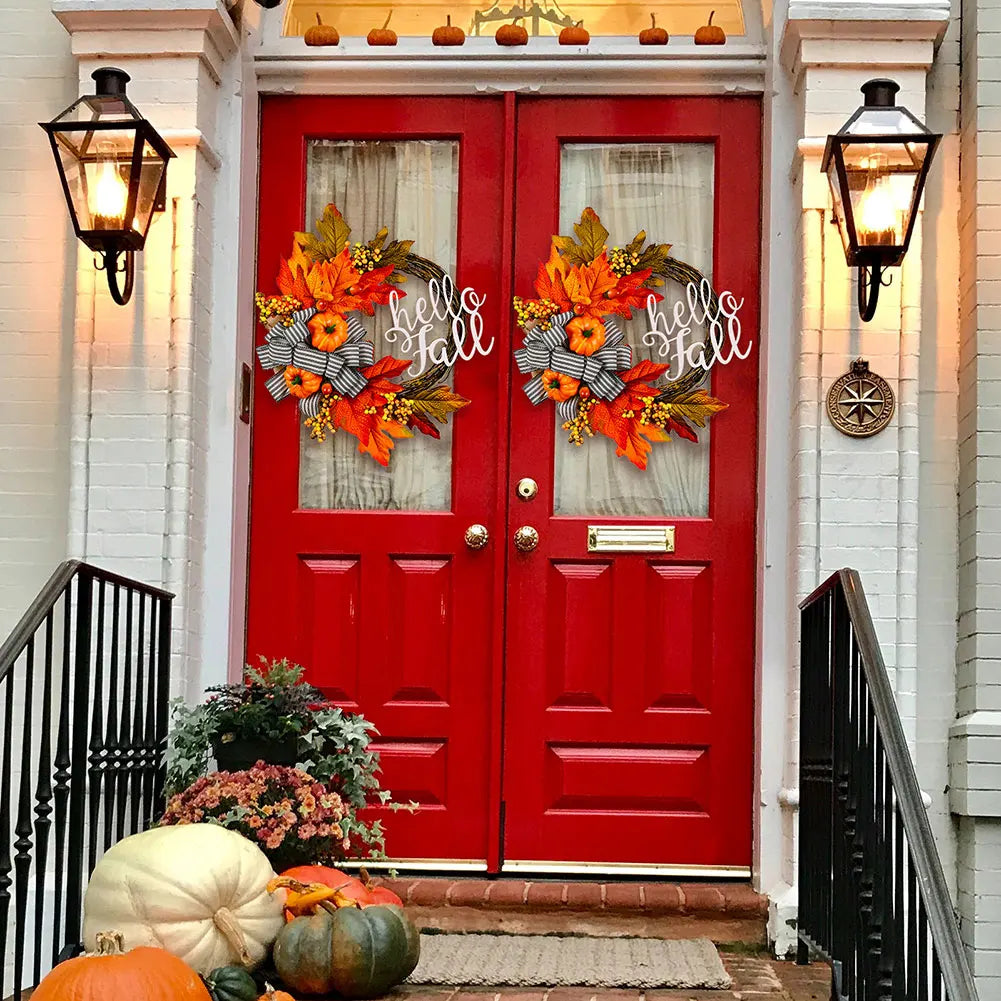 40cm Artificial Pumpkin Wreath. Thanksgiving Garland Door Hanger. Front Door Autumn Wreath for Thanksgiving.