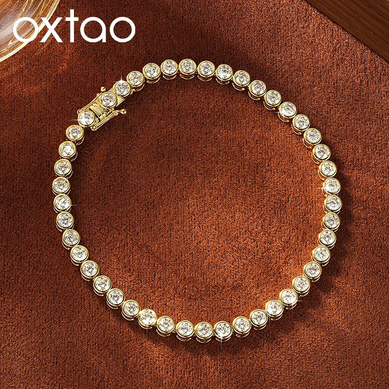 OXTAO Bezel Set Moissanite Tennis Bracelet, 14K Gold Filled D Color VVS1 Round Cut Imitation Diamond Bracelet, Gifts for Women
