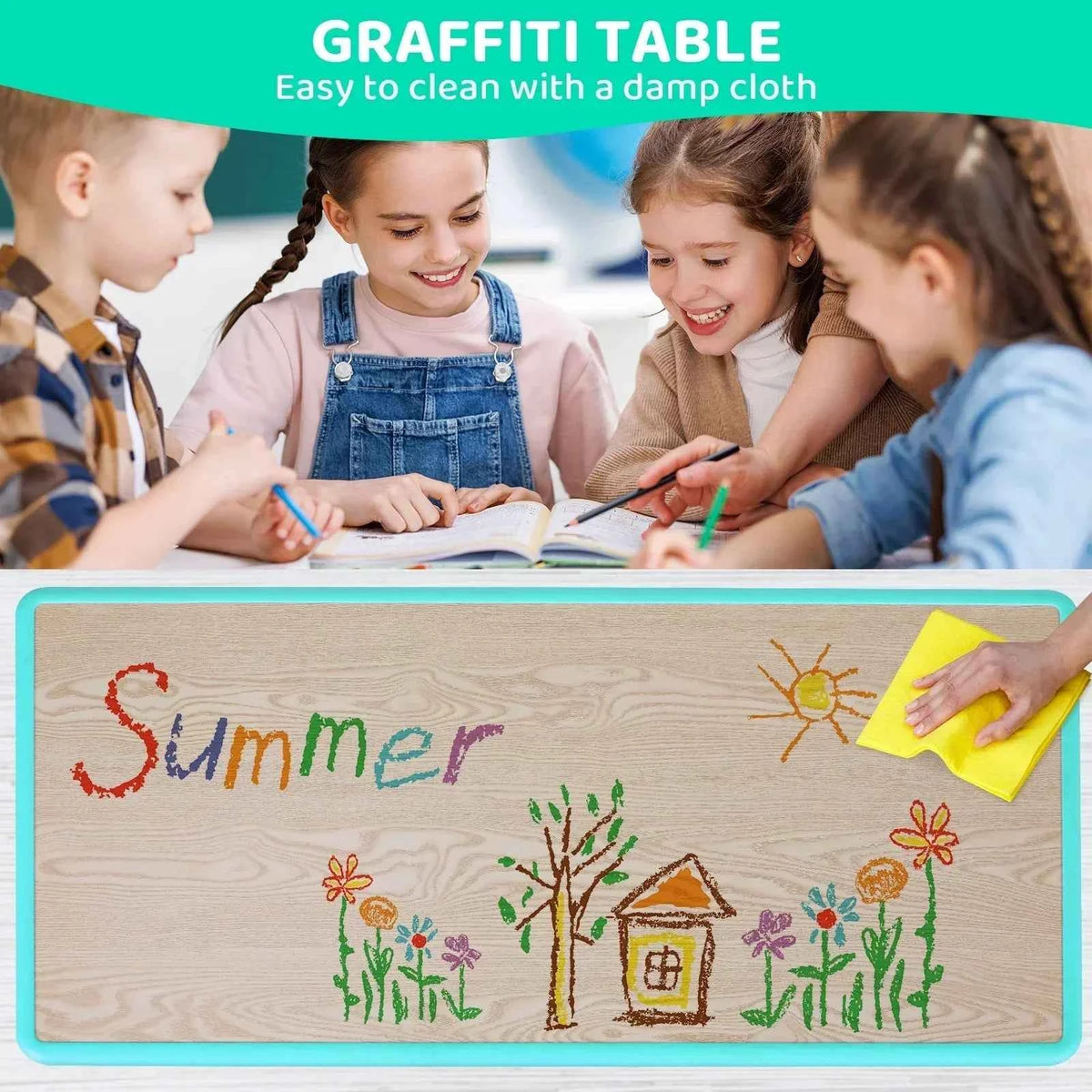 Homfa Rectangle Kids Table with 6 Chairs Set, Height Adjustable. Toddler Multi Activity Table Set, Arts & Crafts Desk for 2-10 years old.