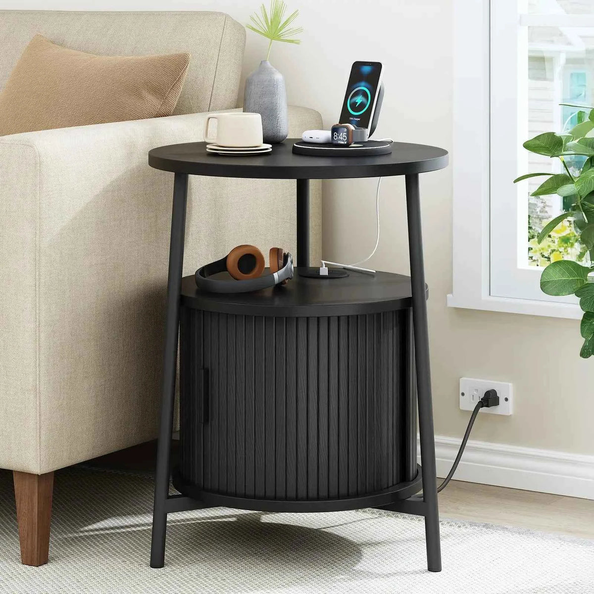 Black Small Round Side Table with Storage, Fluted Nightstand with Charging Station, Modern Bedside Tables, End Tables