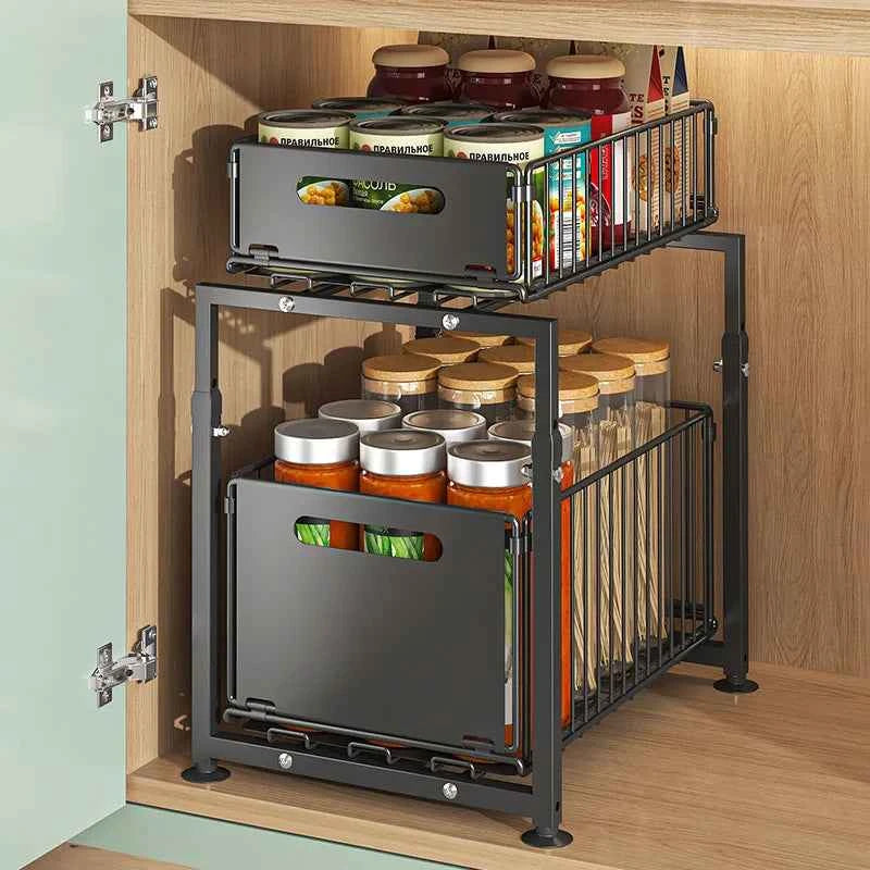 2 Tier Slide Out Cabinet Organizer Heavy Duty, Adjustable Metal Shelf 1/2 Pack