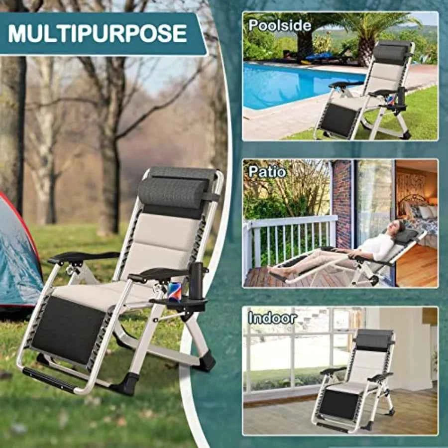 Padded Zero Gravity Chair, Folding Outdoor Lounge Chairs Adjustable Reclining Camping Chairs with Cup Holder Ergonomic