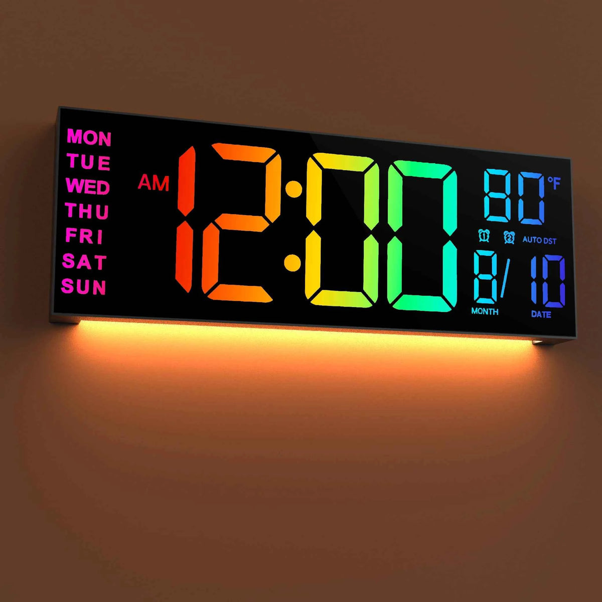 16-inch  Large Digital LED Wall Clock with Remote Control, 8 RGB Adjustable Display Colors, Built-in Alarm, Automatic Daylight Saving Time & Indoor Temperature Display,