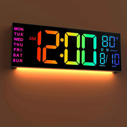16-inch  Large Digital LED Wall Clock with Remote Control, 8 RGB Adjustable Display Colors, Built-in Alarm, Automatic Daylight Saving Time & Indoor Temperature Display,