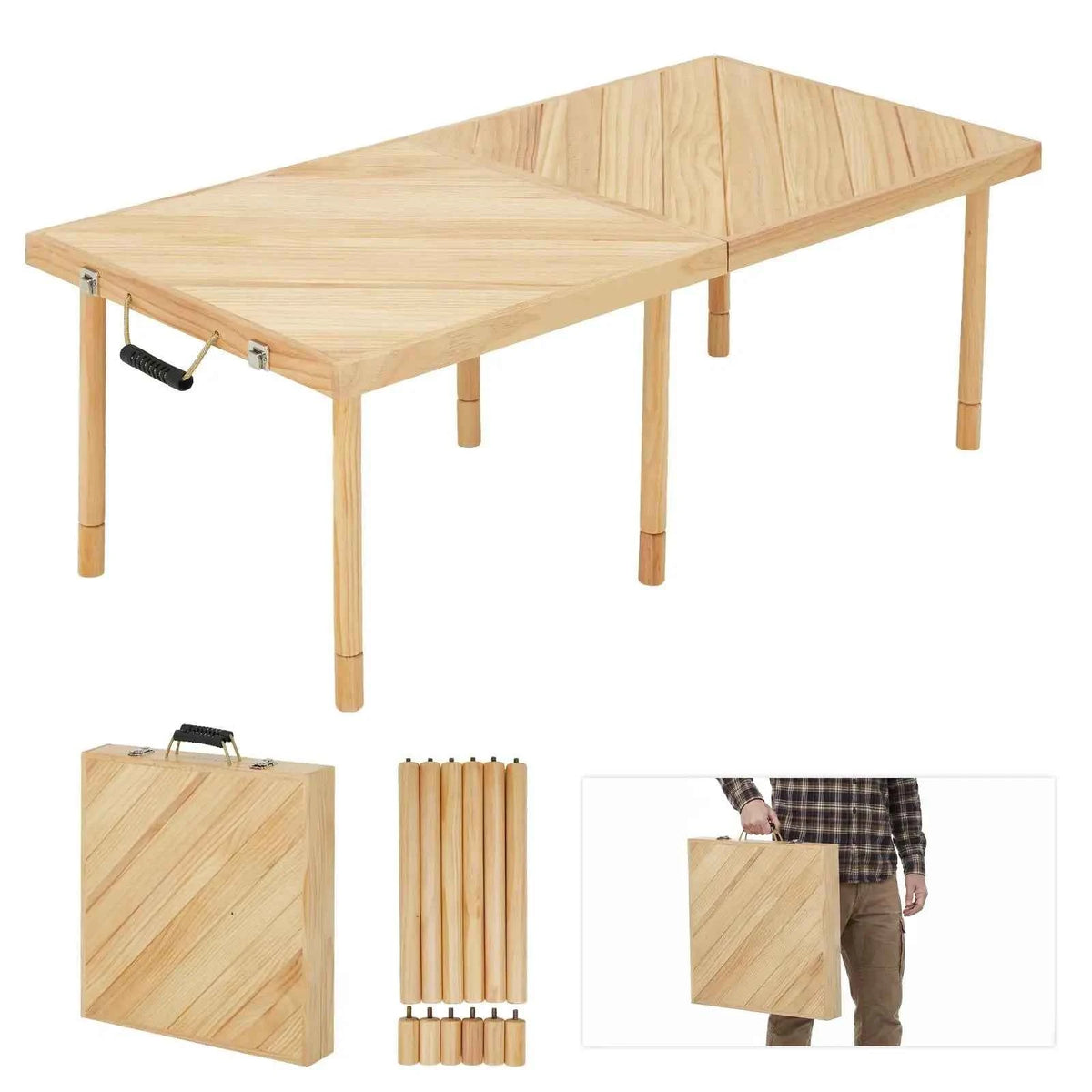 44/60in Solid Wood Portable Folding Picnic Table, Adjustable Height.  Low Table With Carry Handle, Compact Outdoor Table