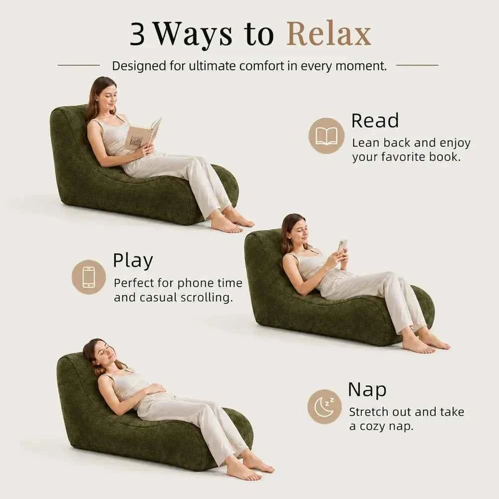 Curved Back Upholstered Recliner, Modern Bean Bag Sofa Lounger, Comfortable Lazy Chair for Bedroom, Apartment