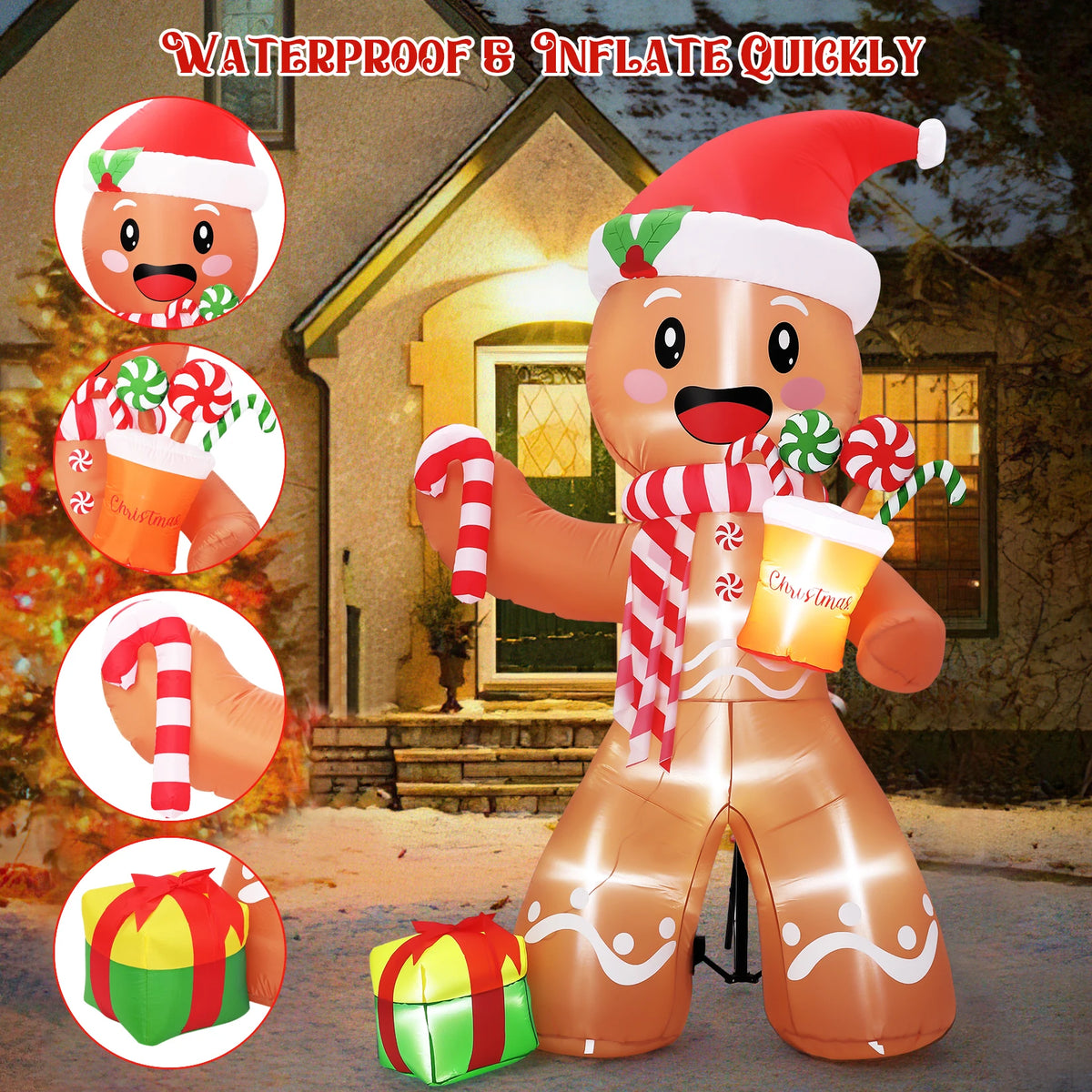 8ft Christmas Gingerbread Man Inflatable With Led Lights, Blow Up Outdoor Yard Decoration For Lawn, Garden, Porch, Indoor. Holiday Party Decor