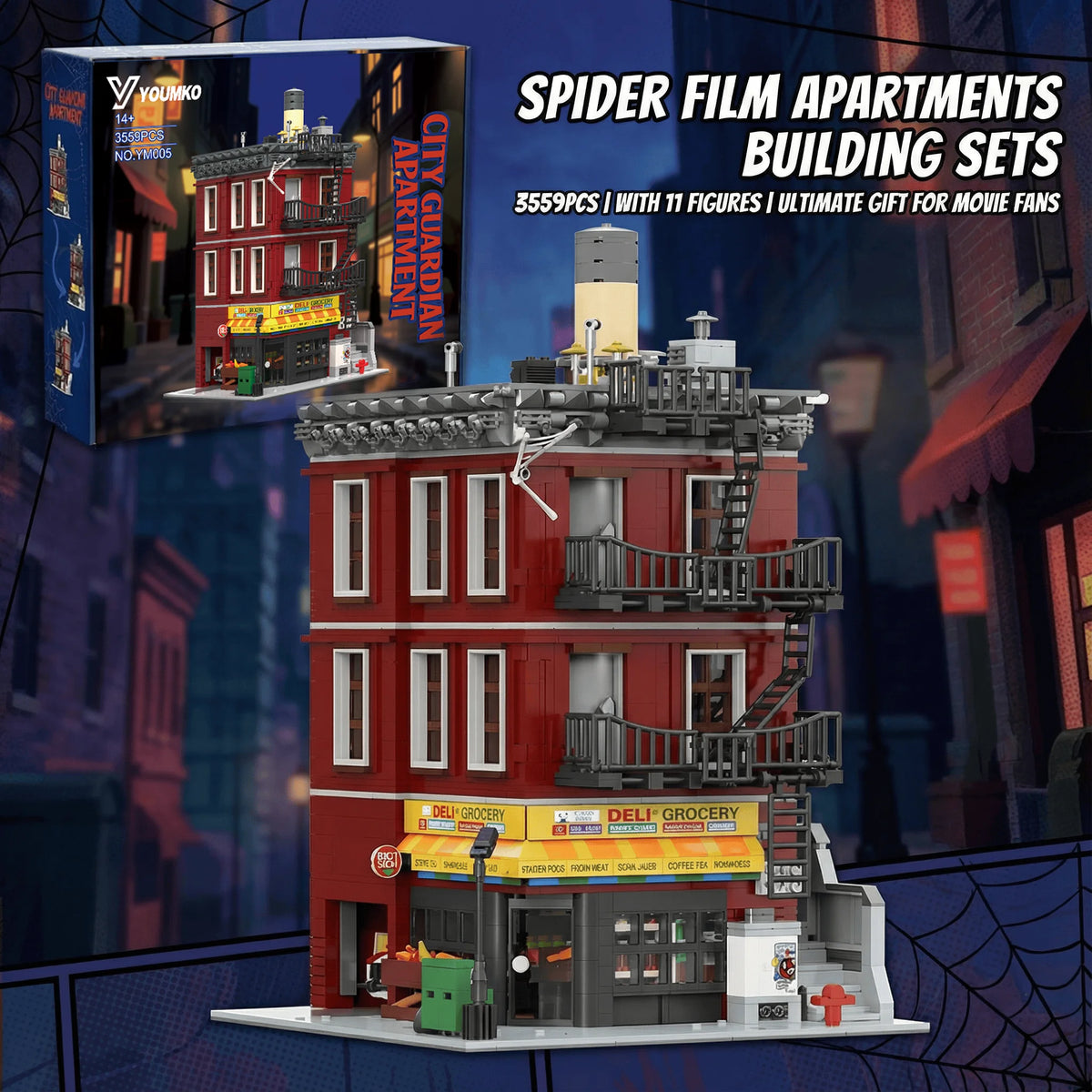 Spider Deli Apartment Building Blocks With 11 Figures. Films Hero Classic City Modular Assembly. Model Kit, Creative Gift 3559PCS