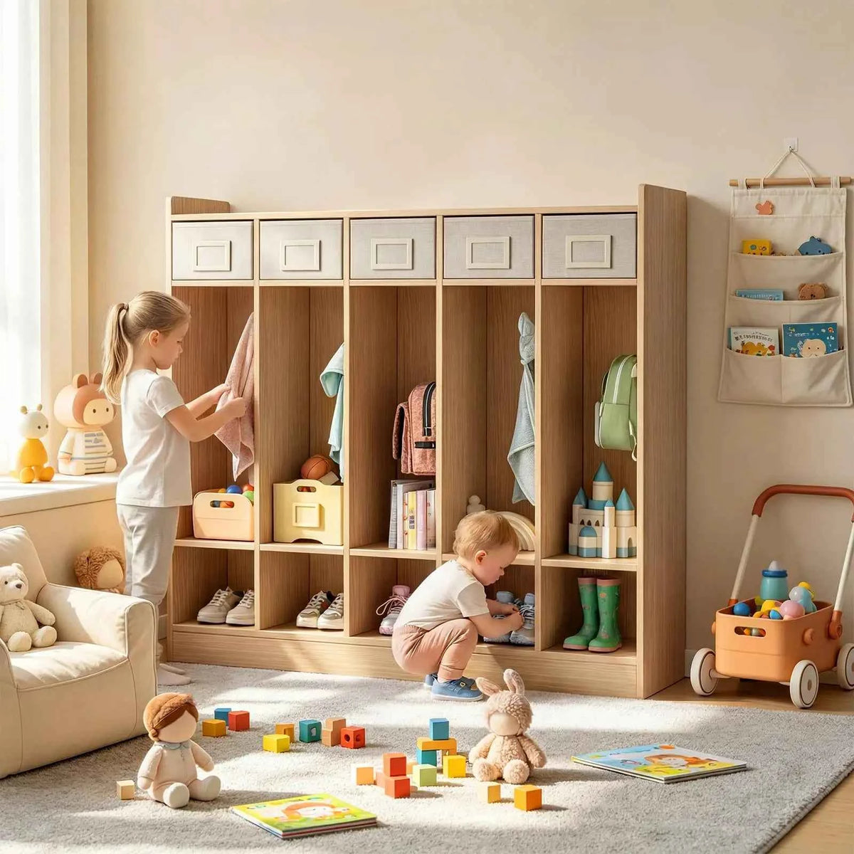5-Section Classroom Coat Locker With 10 Cubbies & Hooks, Kids Storage Organizer With 5 Bins