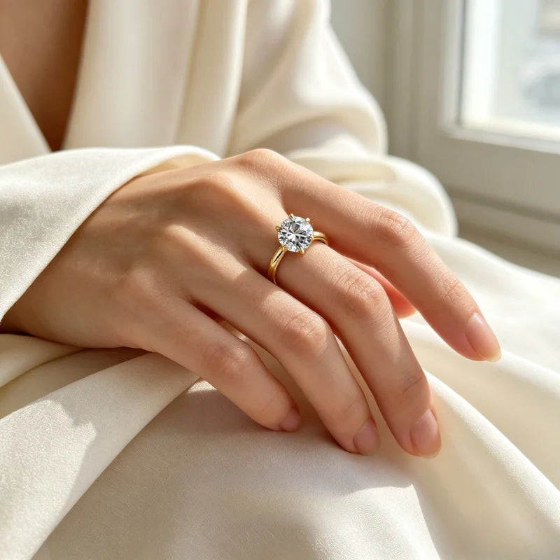 Classic Cubic Zirconia Ring with 18K Yellow Gold Plated Modern Six-Prong Halo Design,1/2/3/4CT for Women. Luxury Elegant Wedding, Anniversary Party. Lady Accessories Fashion Jewelry