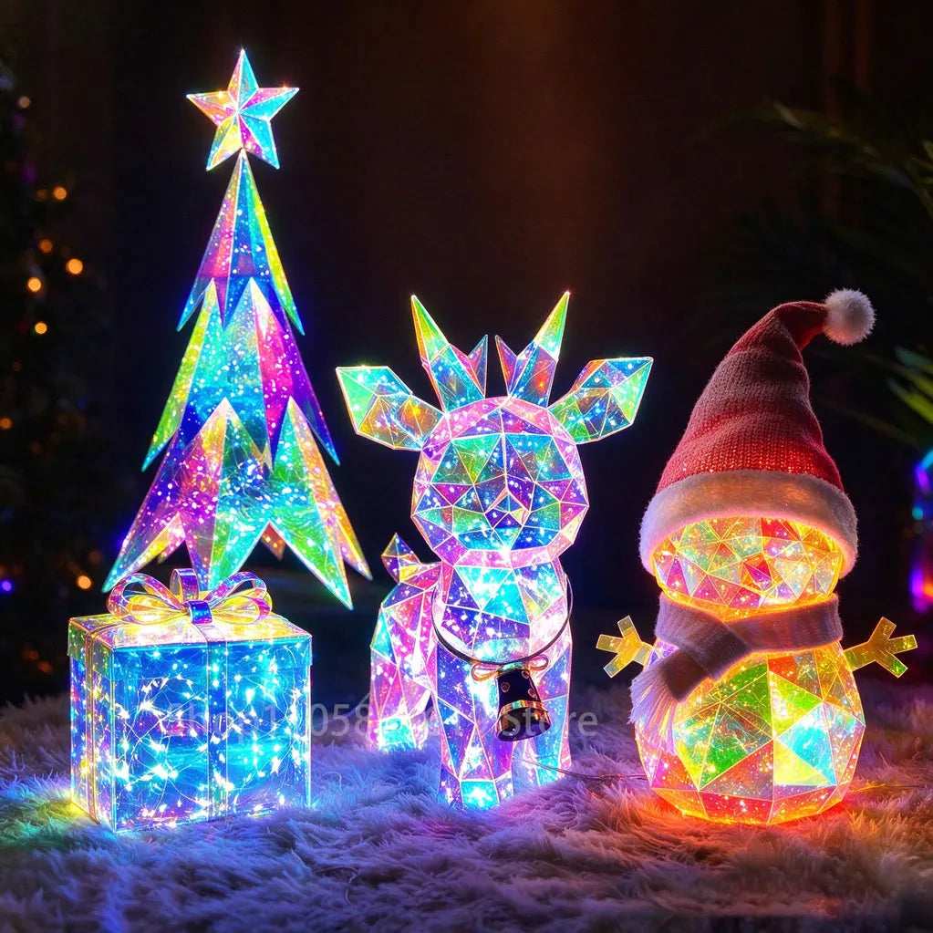 Christmas Colorful Snowman and Reindeer. LED Glowing Santa Claus, Elf, and Gnome Figurines. Christmas Decorations