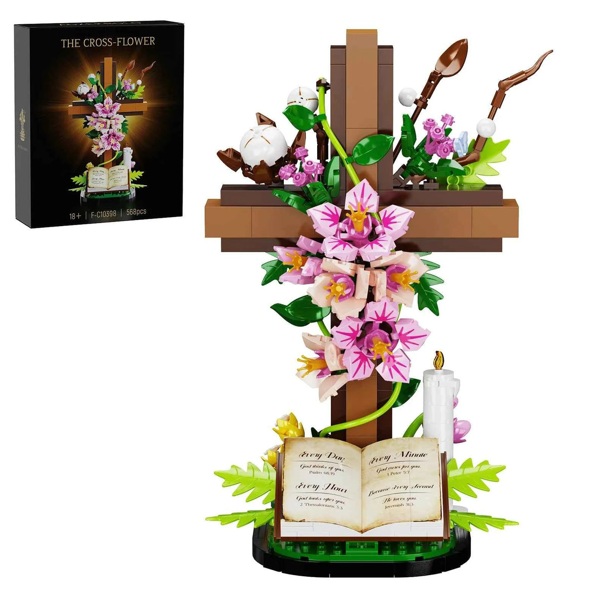 Jesus Cross with Flowers Building Blocks Set with Easter Bible. Themed Decorative Items. Religious Gifts for Adults (568 PCS)