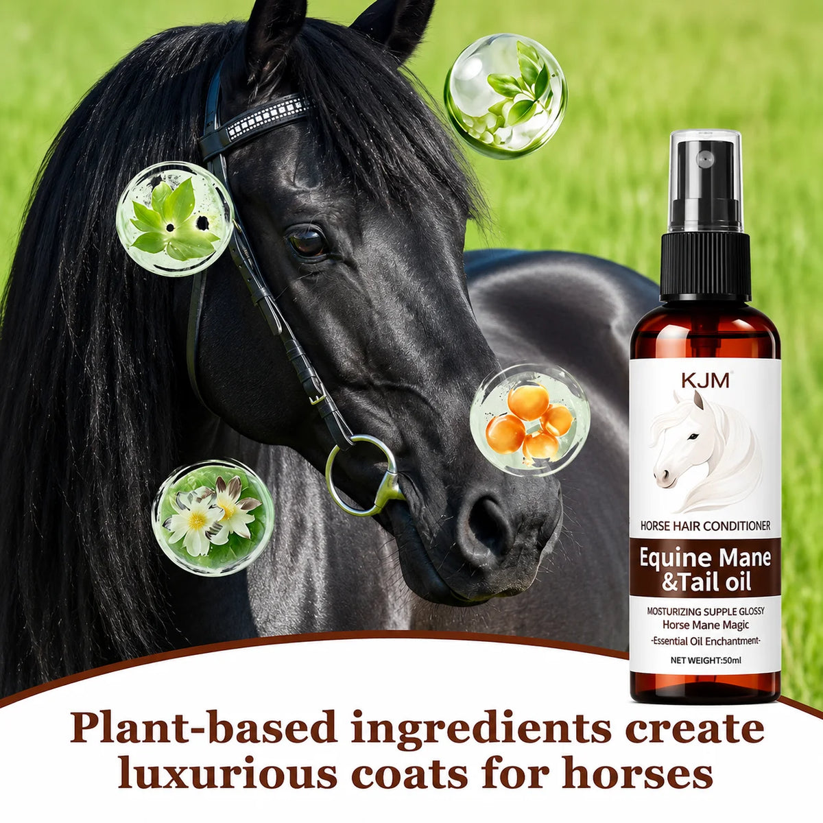 KJM Horse Mane Detangling Spray. All Breeds, Plant Extract Quick Moist Non Greasy Shiny Equine Daily Groom Spray