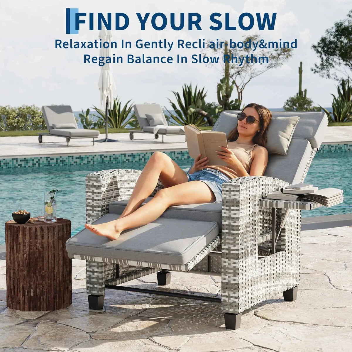 Recliner Chair with Adjustable Wicker,150° Lay-Flat Backrest & Footrest,Flip-Up Side Table,Removable Thick Cushion,Comfortable Chair for Patio Indoor and Outdoor,Grey