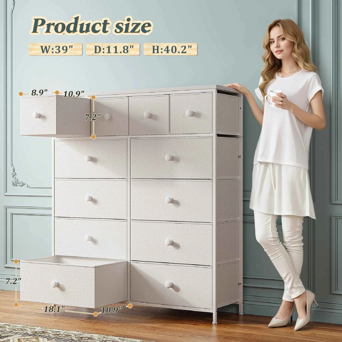 12-Drawer Tall  Dresser – Metal Frame, Wood Top, Anti-Tip – 38.97"W – For Bedroom, Entryway, Living Room, Closet, Dorm