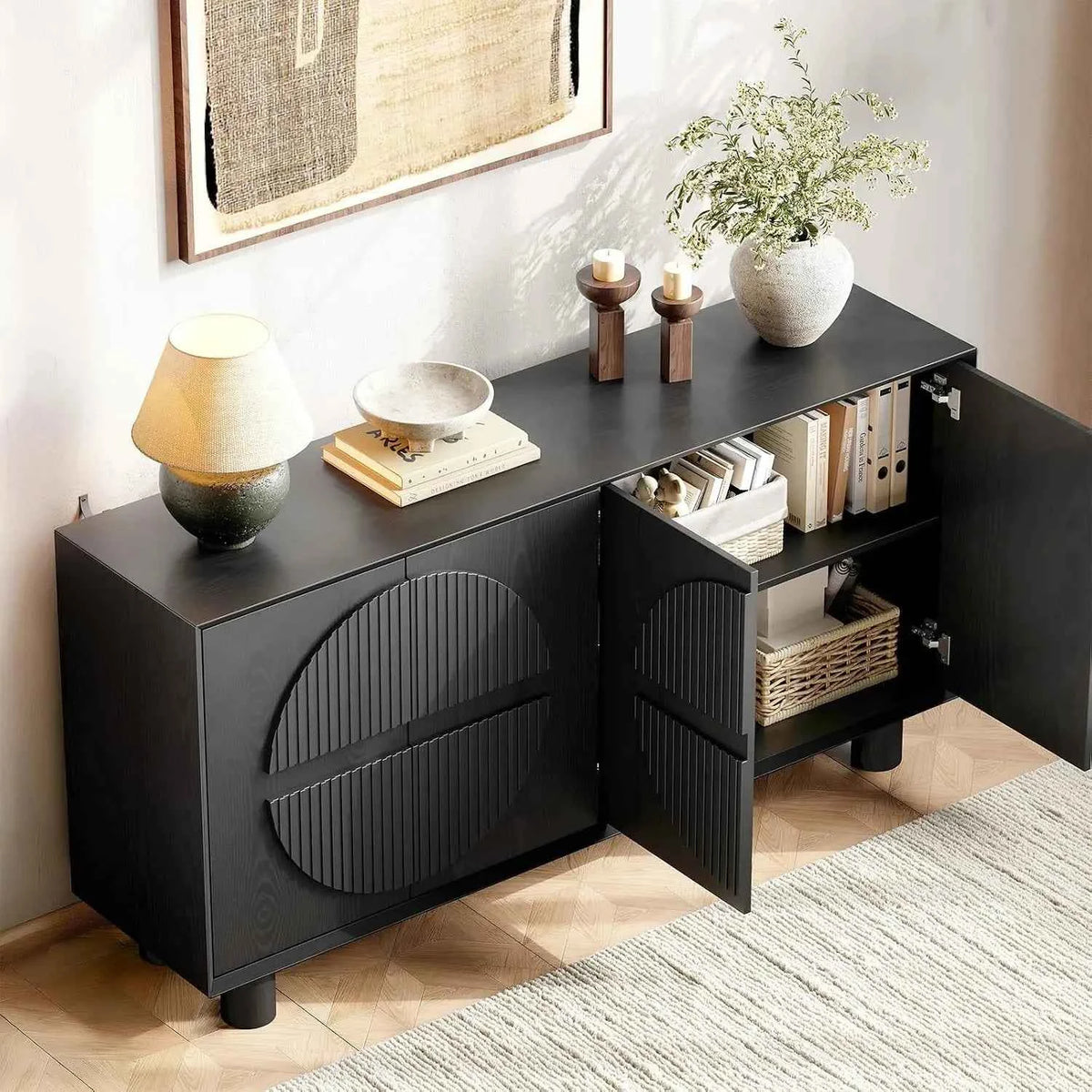 ONBRILL 63 Inch (160cm) Modern Fluted Buffet Cabinet - Storage Sideboard w/Push-Spring Doors, Entryway Dresser, Black