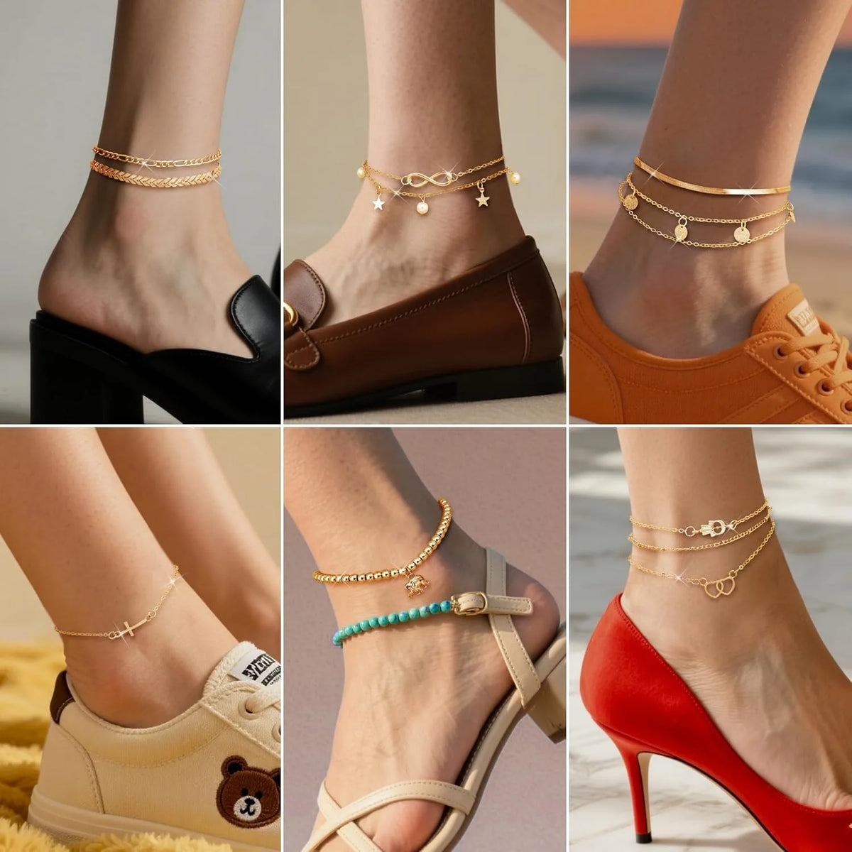 20Pcs Ankle Bracelets for Women, Waterproof Summer Beach Anklets, Boho Cute Charm Anklets, Layered or Stackable Women's Anklet Bracelets Set. Non Tarnish Foot Jewelry