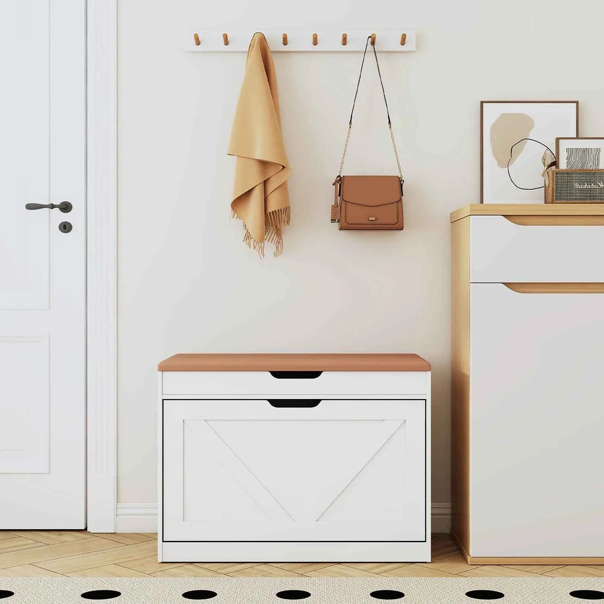 27.5" Storage Bench with Flip Drawers and Adjustable Shelf, Flip-up Cabinet & Padded Cushion - Space-Saving Shoe Cabinet, Organizer for Entryway, Hallway, Bedroom
