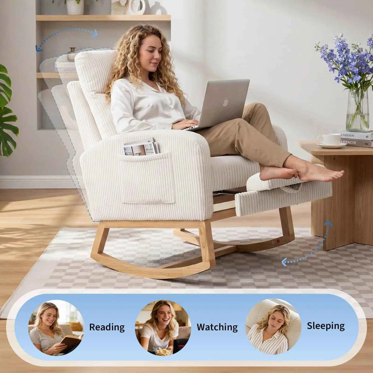 Corduroy Nursery Rocking Chair, Tufted Glider Rocker with Adjustable Footrest & Side Pocket for Bedroom Living Room