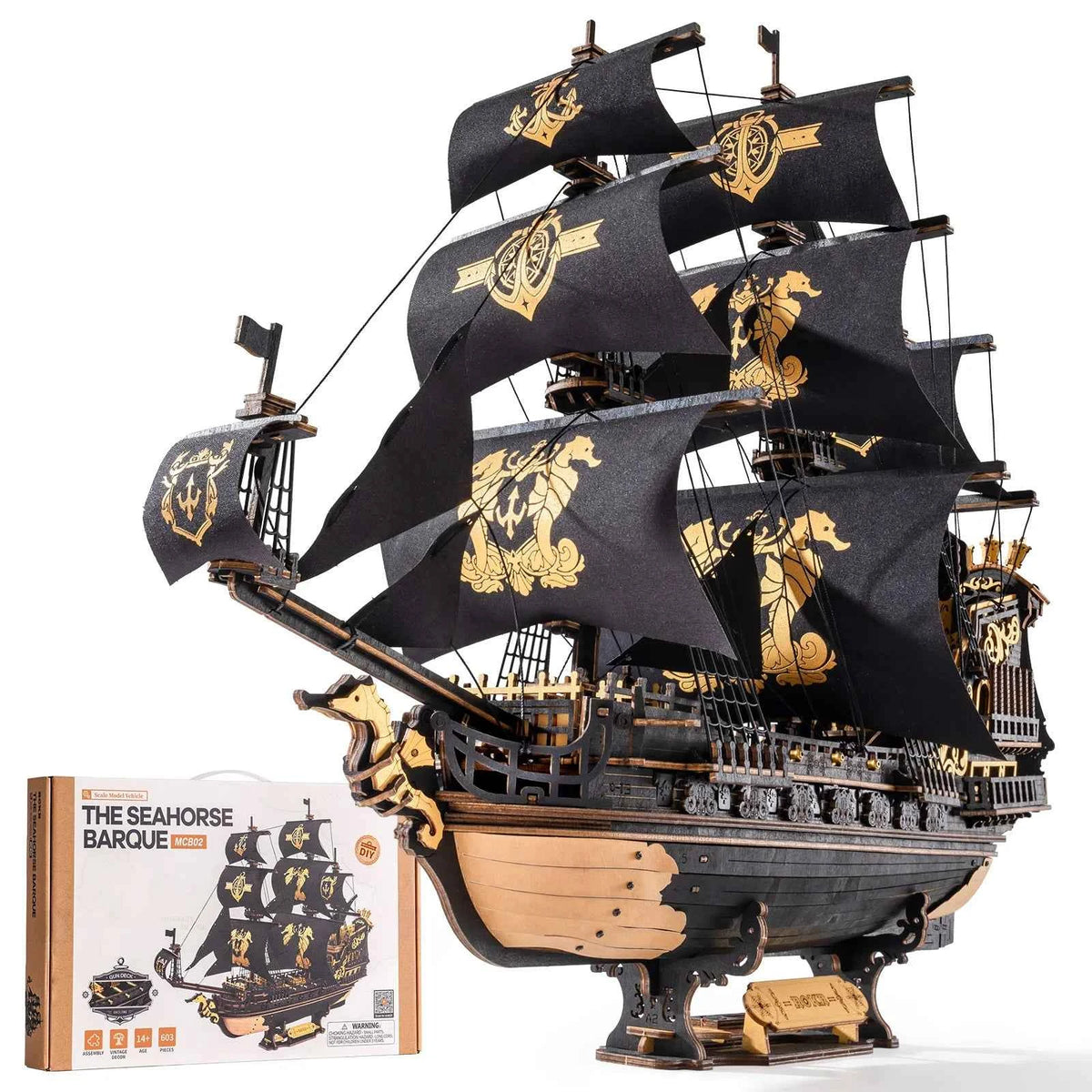 ROKR Seahorse Barque Wooden 3D Puzzle. 1:100 Scale DIY Sailboat Model Building Kit. 603 Pieces Brain Teasers Jigsaw Toy for Adults,  Boys