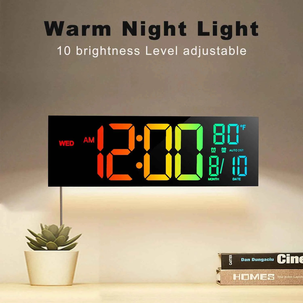 16-inch  Large Digital LED Wall Clock with Remote Control, 8 RGB Adjustable Display Colors, Built-in Alarm, Automatic Daylight Saving Time & Indoor Temperature Display,