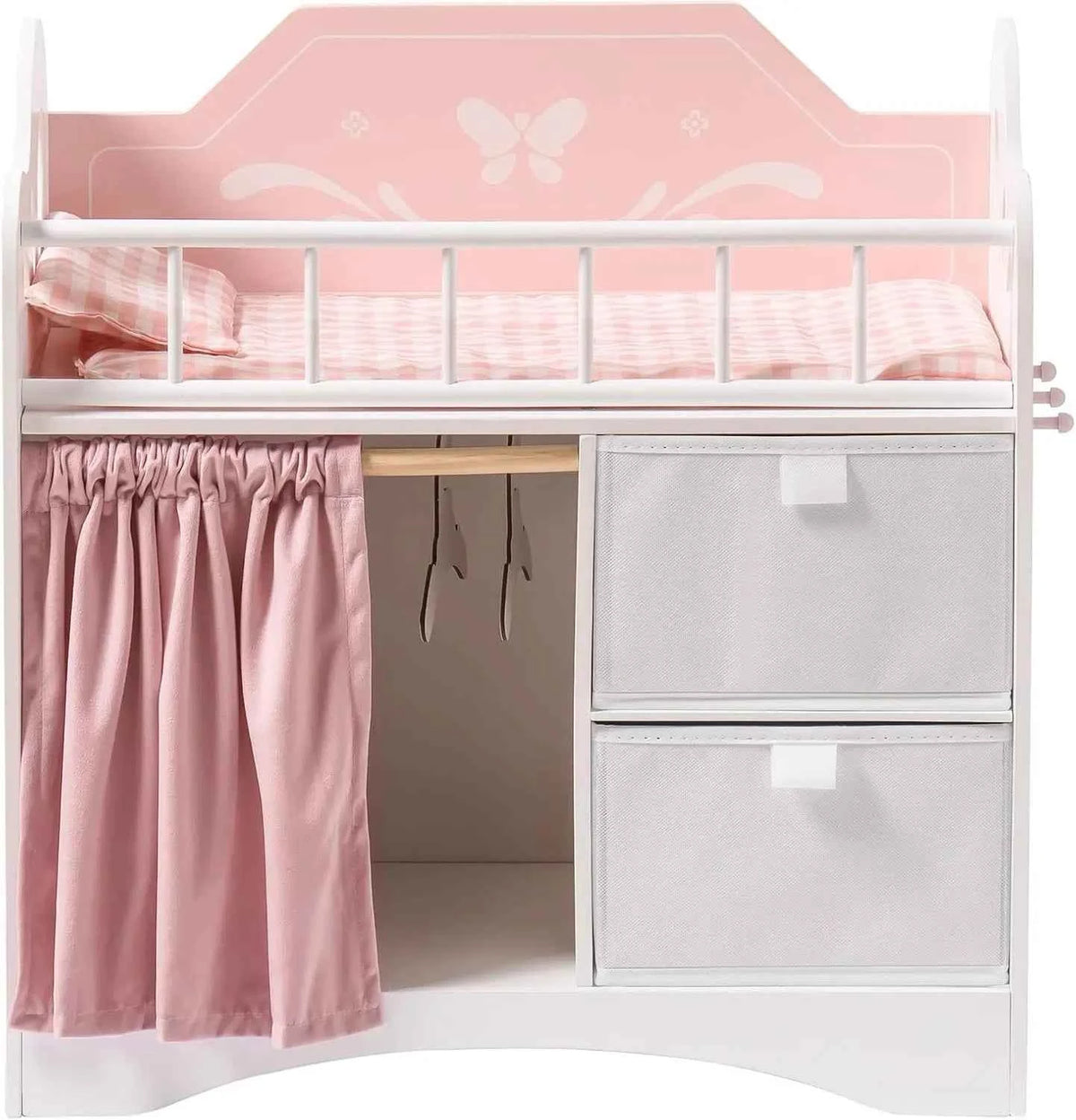 Wooden Toy Baby Crib with Storage,  Bedding. Wooden Hooks. Doll Crib will Fit Dolls up to 21 inches. Girls ages 3+  . Pink