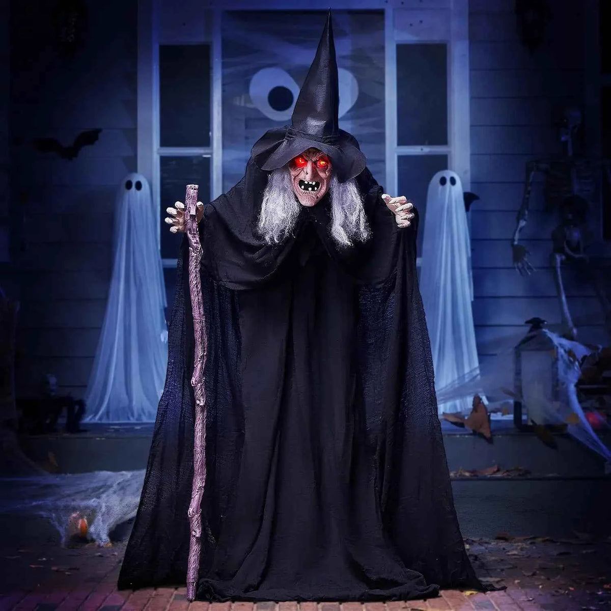 72" Animatronics Witch Outdoor Halloween Decorations with Cane. Life Size Animated Ghost. Haunted House Prop Décor with Creepy Sound and Light-up Eyes, Party Supplies