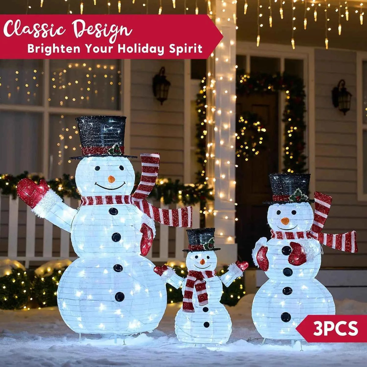 JOYFY 3 Pc 3D Christmas Collapsible Snowman Yard Light. 270 PreLit LED Cool White Light for Christmas, Indoor or Outdoor Garden Décor