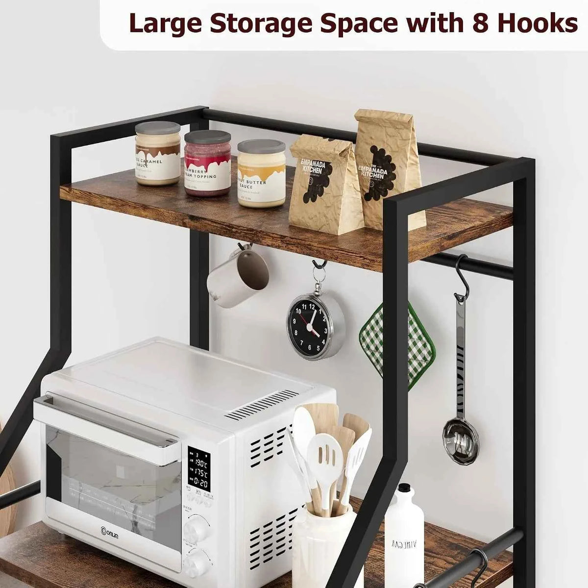5 Tier Kitchen Bakers Rack with Microwave Stand. Freestanding Storage Shelf with Wire Baskets. Hooks,  Industrial Style Organizer