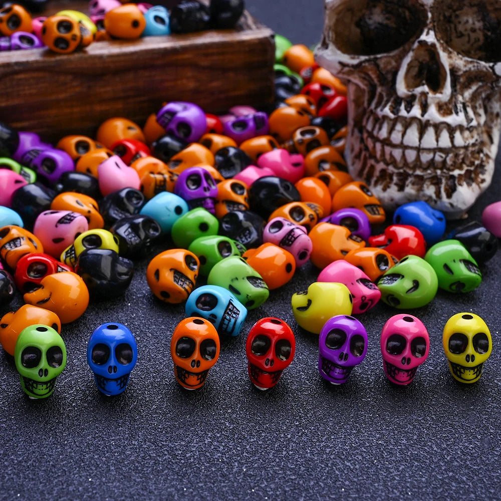 200/300Pcs Mix Coloful Skull Beads, Acrylic Loose Spacer Beads For Jewelry Making. DIY Bracelet, Necklace, Halloween Decorations Accessories 9x12mm