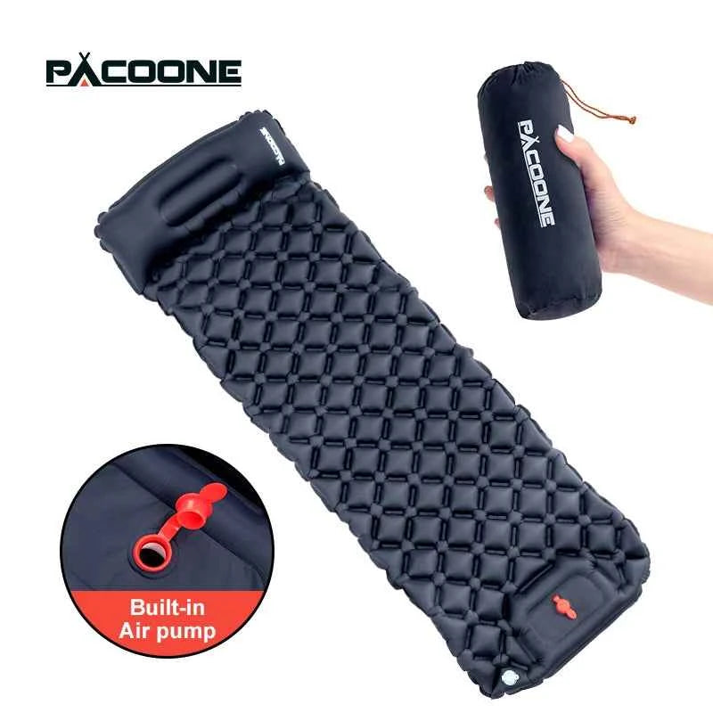 PACOONE Outdoor Sleeping Pad, Camping Inflatable Mattress,  Built-in Pump. Ultralight Air Cushion Travel Mat With Headrest For Travel