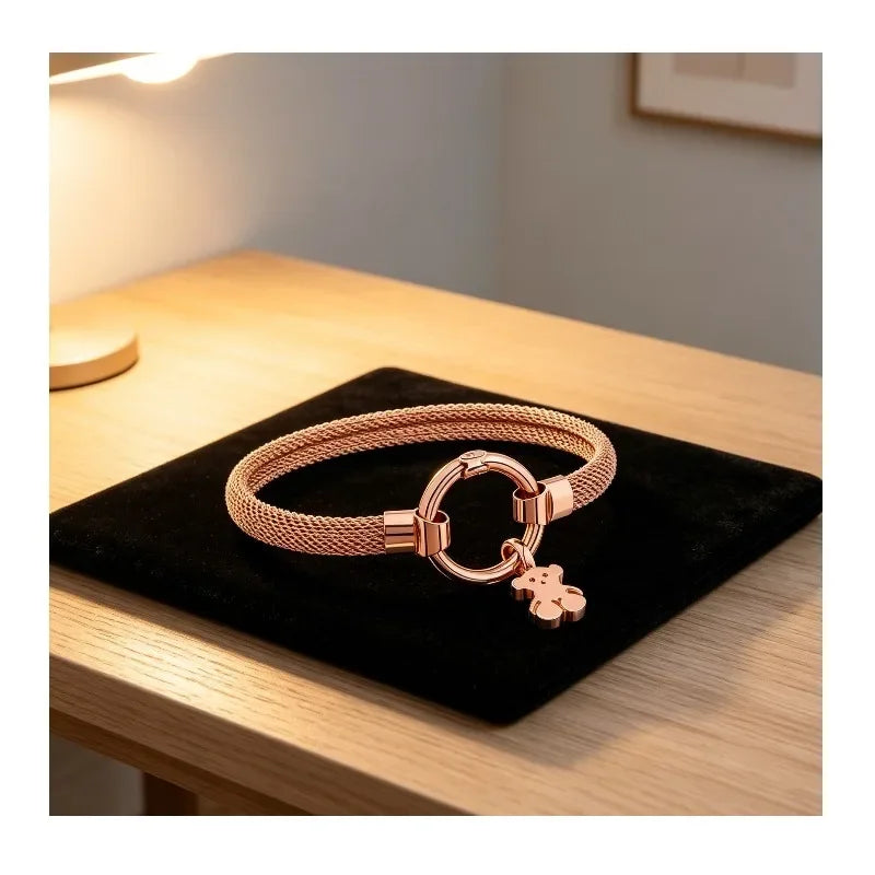 Rose Gold Plated Mesh Bracelet With Cute Bear Charm For Women Minimalist Daily