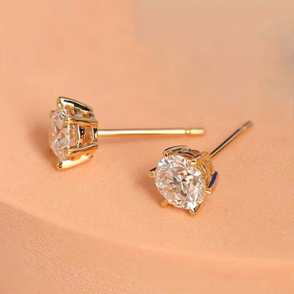 Classic Golden Six Claw Moissanite Stud Earrings for Woman