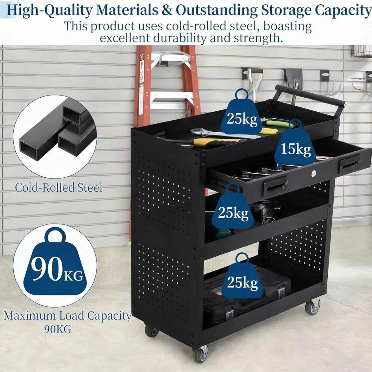 27 Inch Rolling Tool Cart, 3 Tier Steel Utility Cabinet with Drawer, Mobile Storage Organizer with Locking Casters for Garage Workshop Office, Black